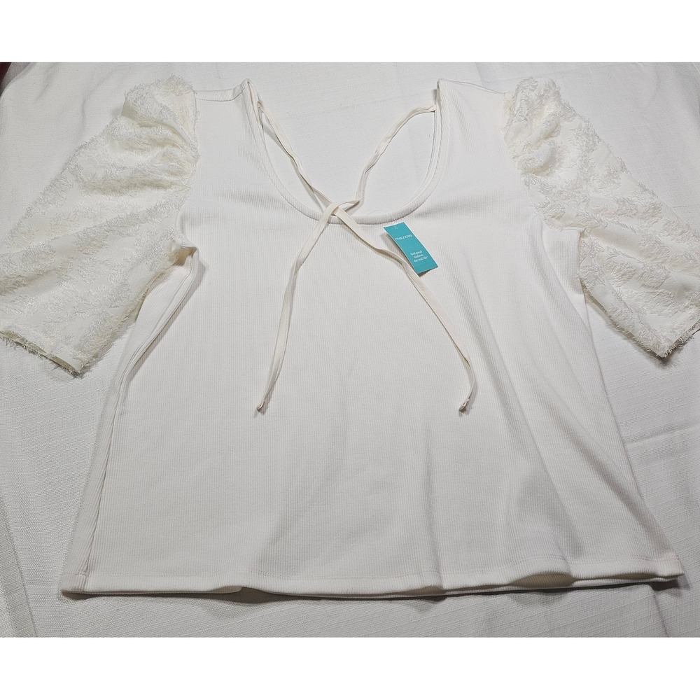 2-‎ Maurices White Ribbed Puff Eyelash Sleeve Tie Neck knit Top Womens XX Large